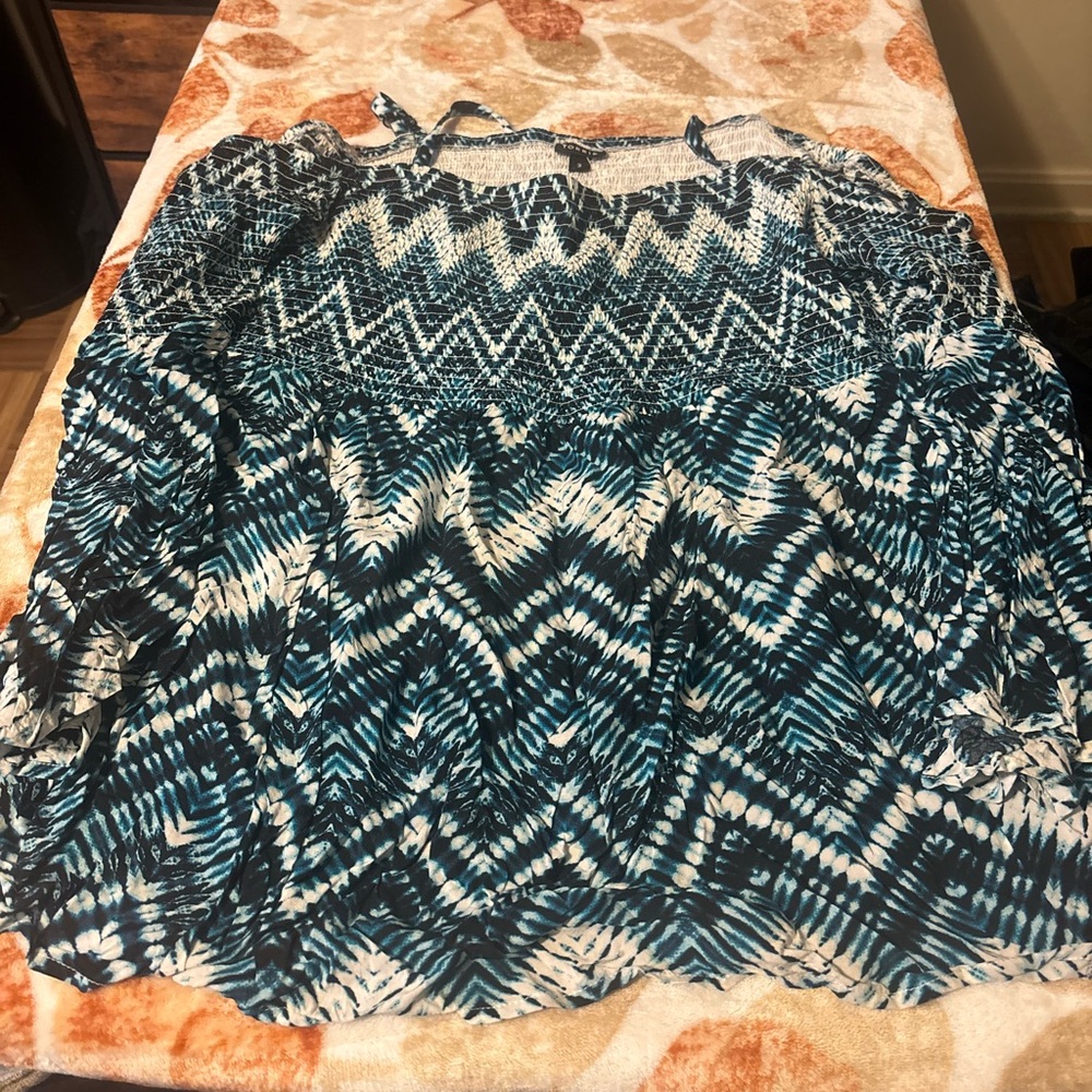Blue and White Chevron Blouse cold shoulder